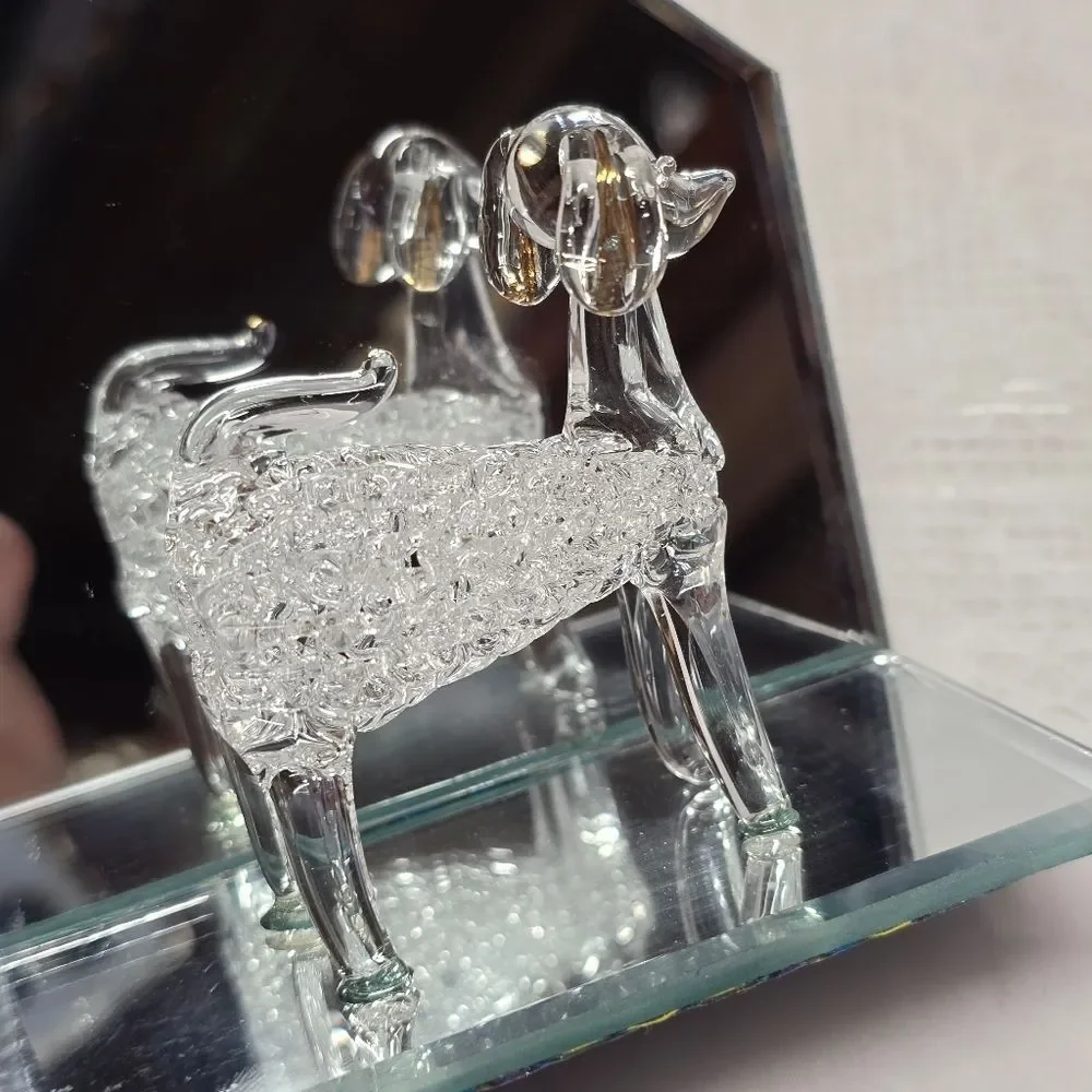Spun Glass Poodle Dog Figurine On Mirror Stand NEW